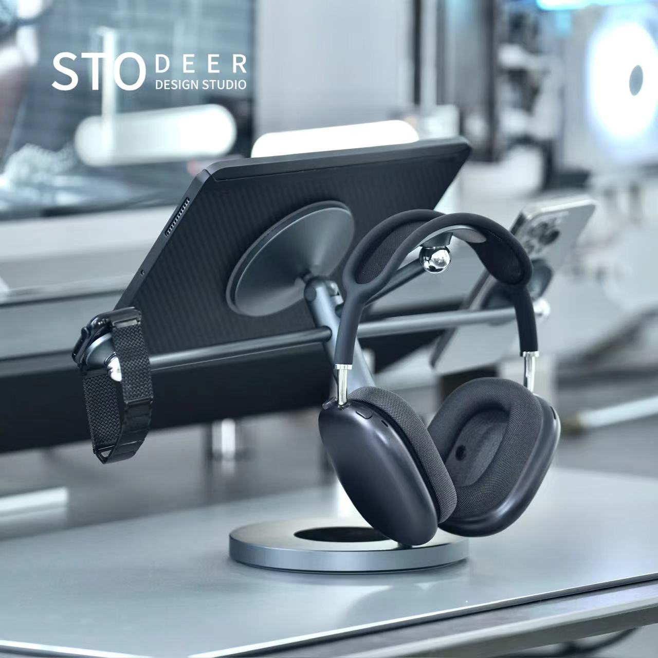 Stodeer Versatile Magnetic Desk Stand for iPad, iPhone, Apple Watch, and Headphones, Designed for Multi-Screen Collaboration, Adjustable for Work, Study, and Play