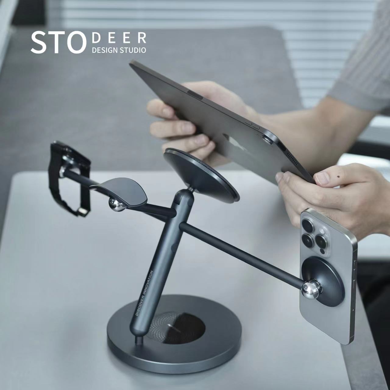 Stodeer Versatile Magnetic Desk Stand for iPad, iPhone, Apple Watch, and Headphones, Designed for Multi-Screen Collaboration, Adjustable for Work, Study, and Play