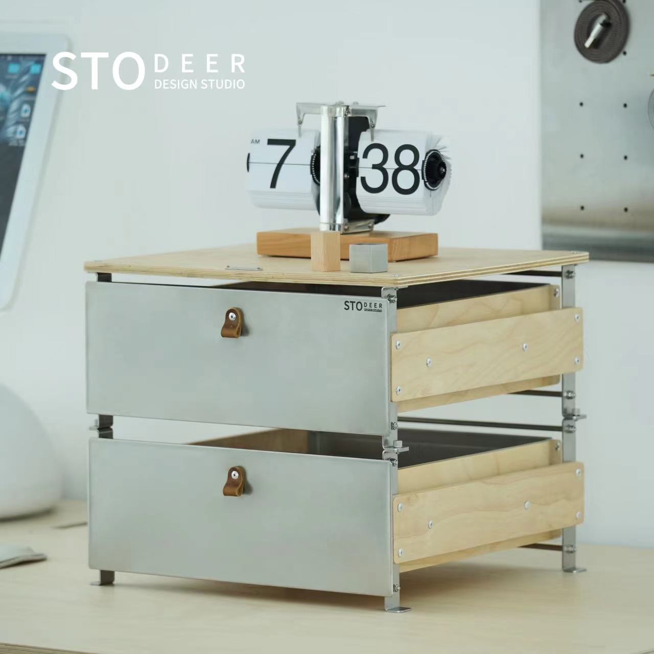 Stodeer Desktop-Schublade Klapp schrank Aufbewahrung sbox Nachttisch Holz Metall Design