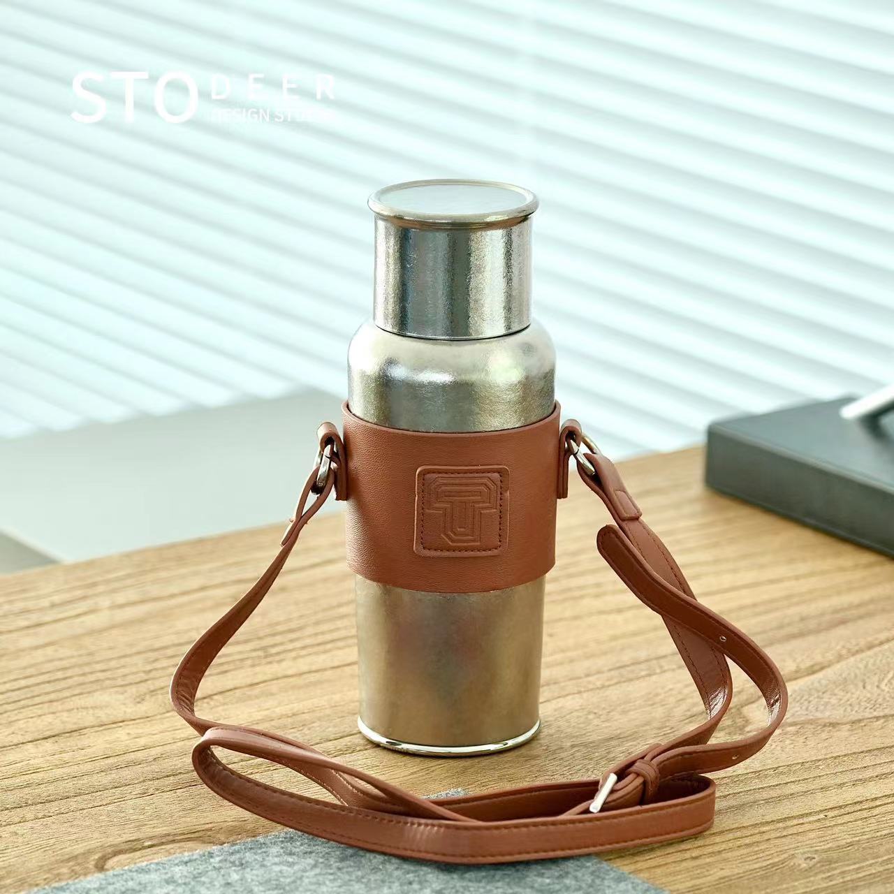 Stodeer Titanium Vacuum Flask with Shoulder Strap, Large Capacity Tea Stew Pot, Tea-water Separation Vacuum Thermos